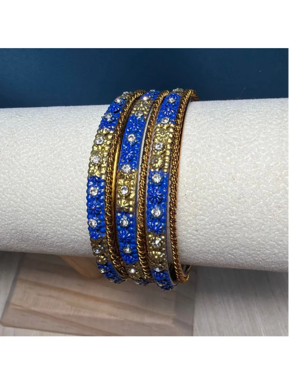 Blue and gold children's bangles set with rhinestones